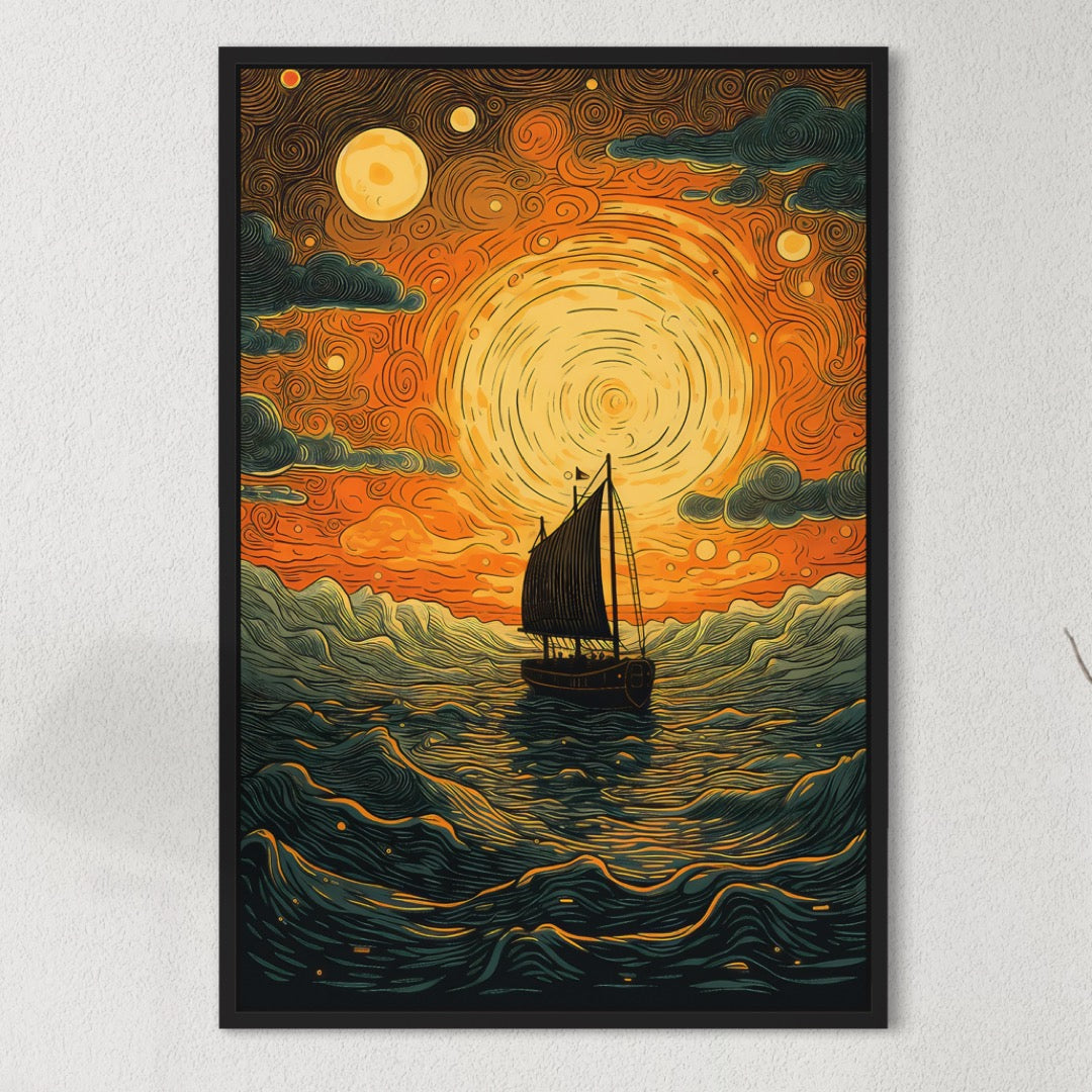 Dreamscapes of Tranquil Waters | Orange and Green Boat Illustration Canvas