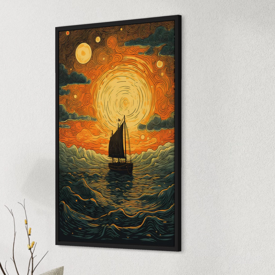 Dreamscapes of Tranquil Waters | Orange and Green Boat Illustration Canvas