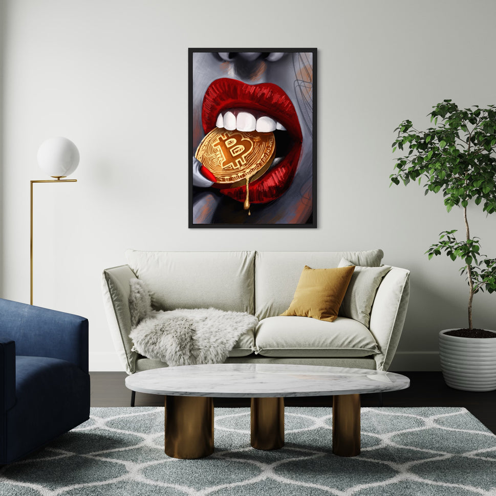 Elevating Possibilities | Bitcoin-Bitten Lips Canvas Embracing Cryptocurrency