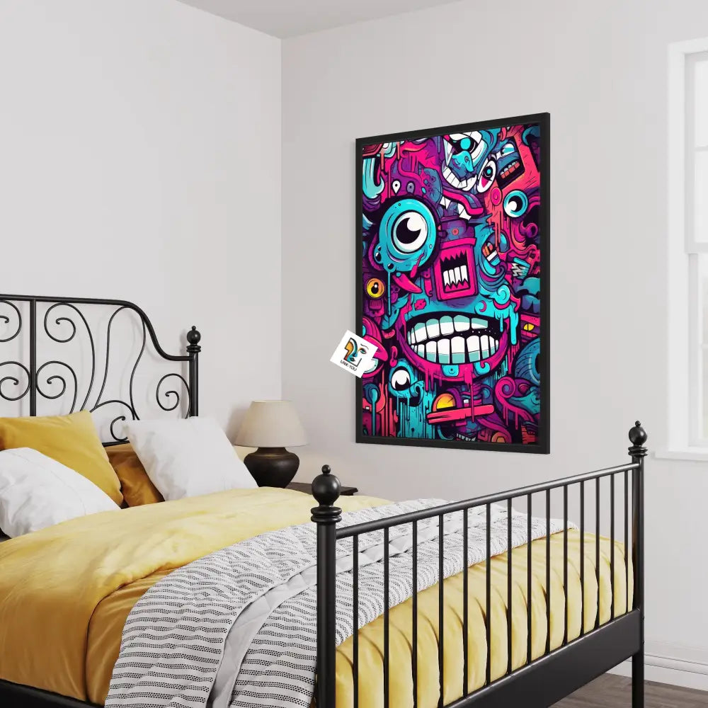 Vibrant Cartoon Faces Canvas | Geometric Graffiti Artistry 24 X 36 Inches / Black Ready To Hang