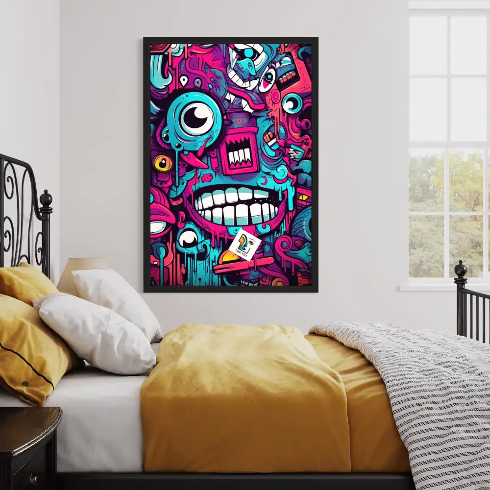 Vibrant Cartoon Faces Canvas | Geometric Graffiti Artistry Ready To Hang