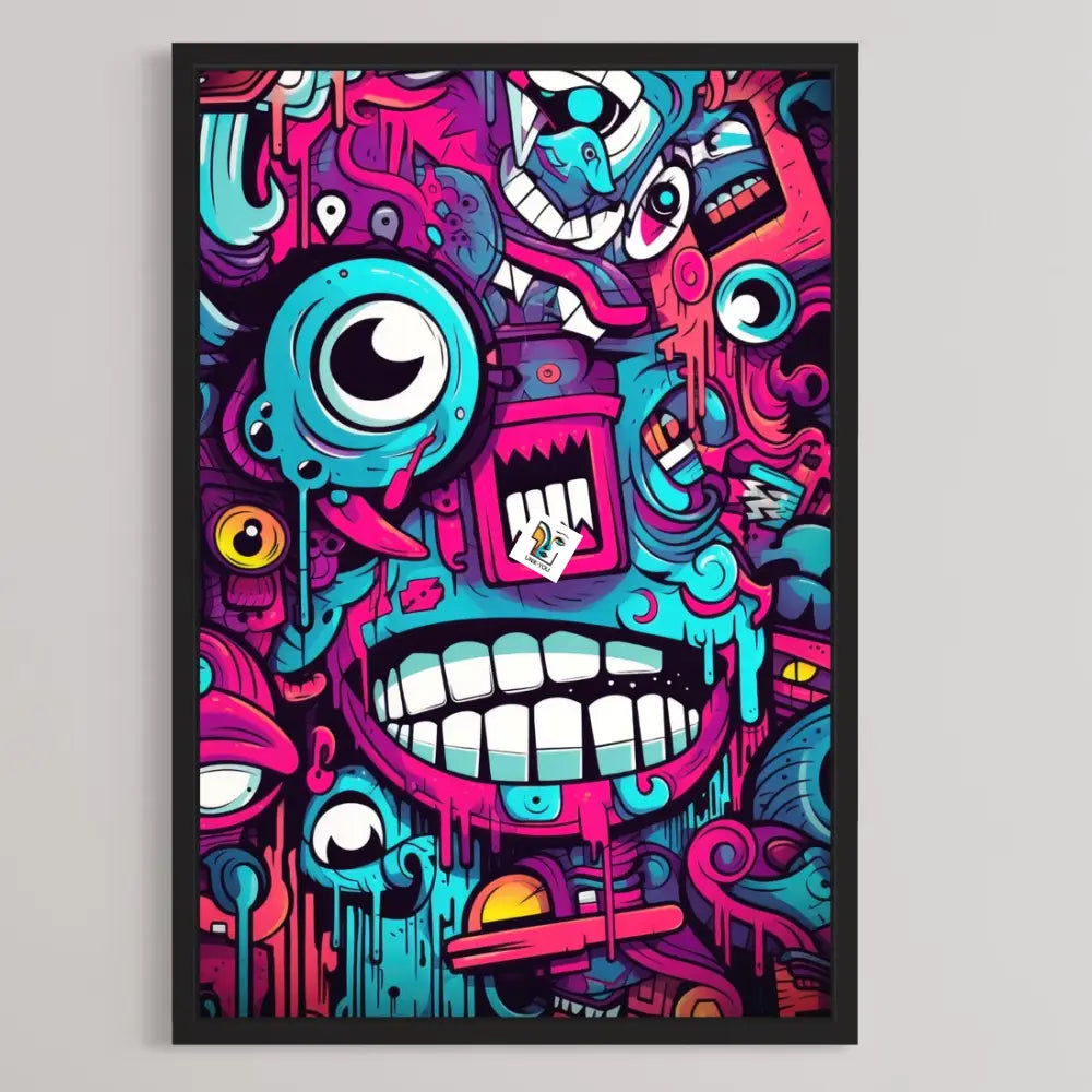 Vibrant Cartoon Faces Canvas | Geometric Graffiti Artistry Ready To Hang