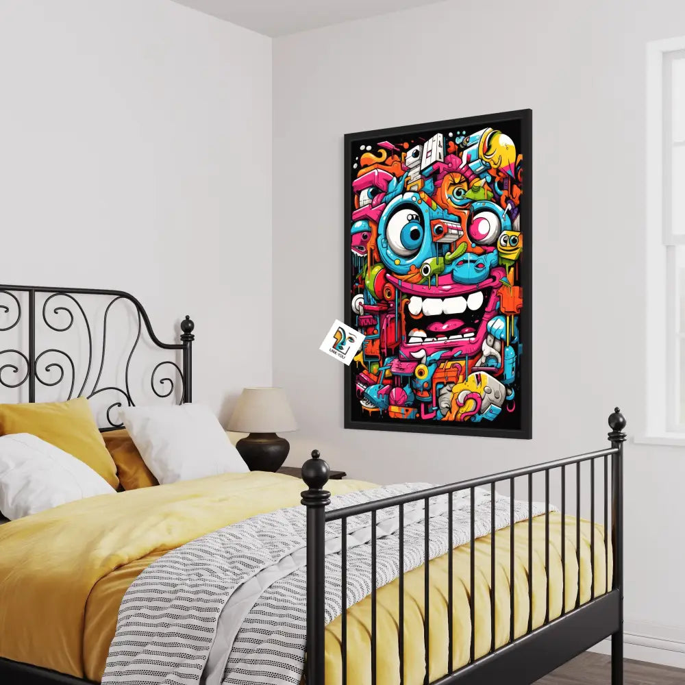 Whimsical Cartoon Faces Canvas | Geometric Graffiti Art Infusion 24 X 36 Inches / Black Ready To